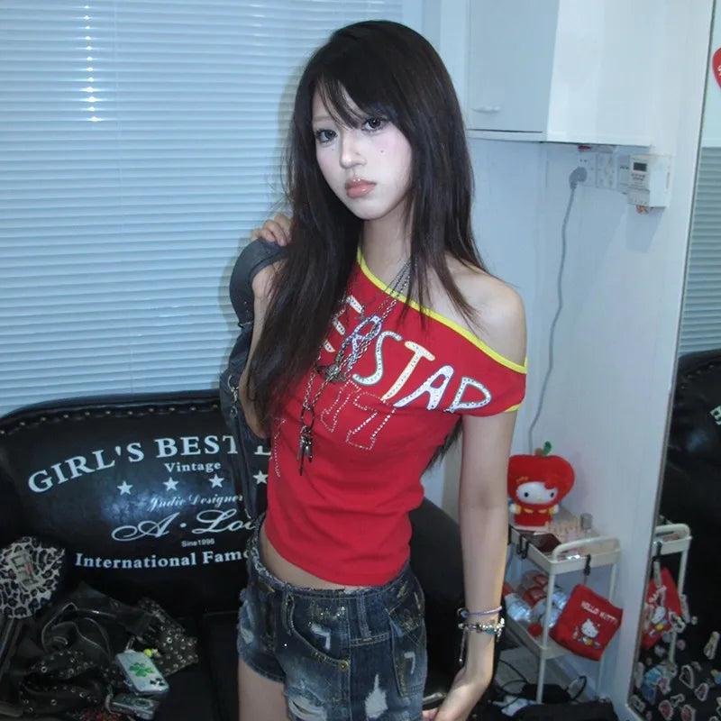 Top Y2K Hombro Descubierto Mujer Vintage Harajuku