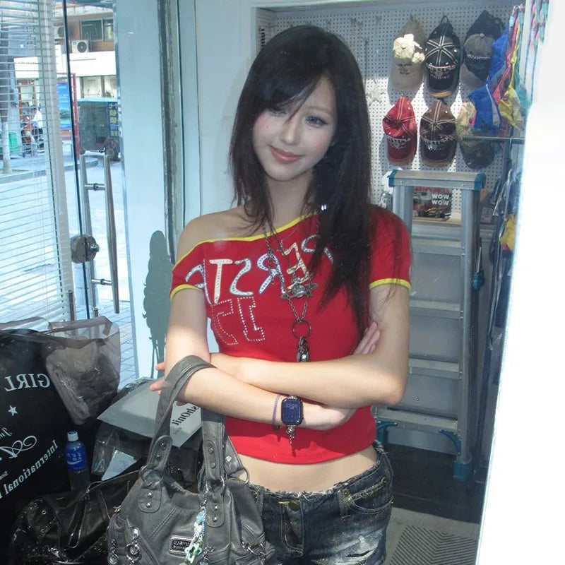 Top Y2K Hombro Descubierto Mujer Vintage Harajuku