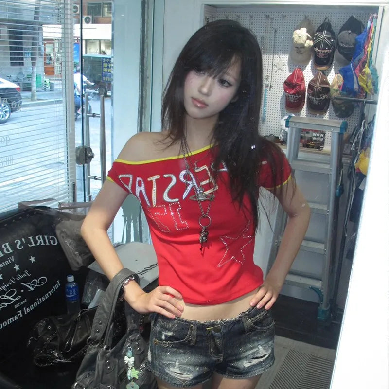 Top Y2K Hombro Descubierto Mujer Vintage Harajuku